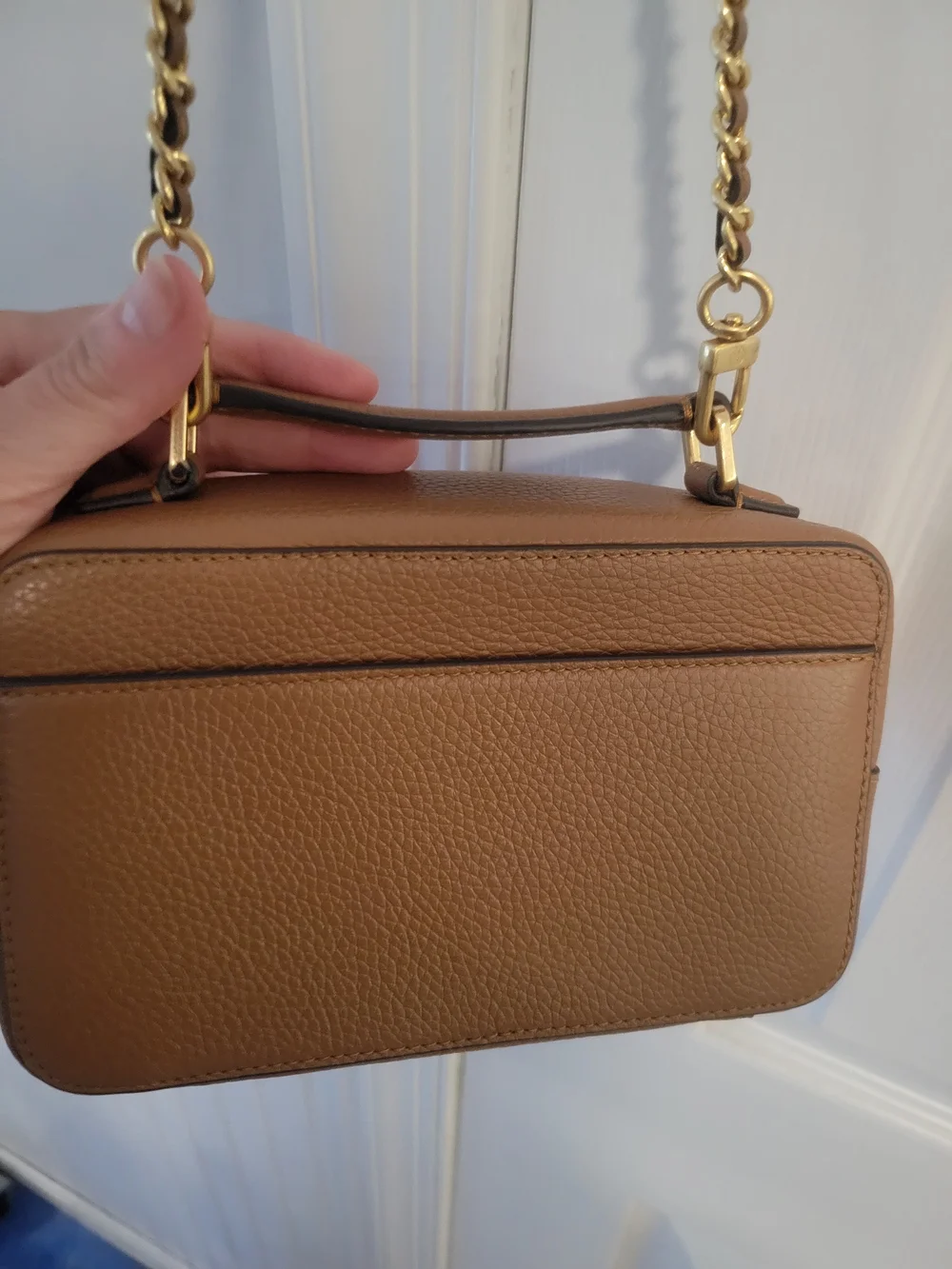 Tory Burch Tan Leather Crossbody Camera Bag with Gold Chain